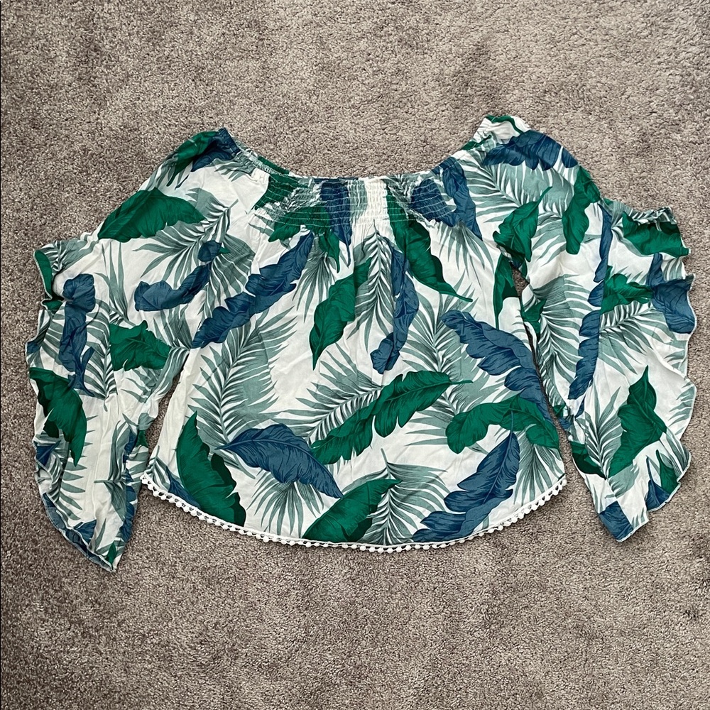 Tropical Leaf Print Off-Shoulder Top